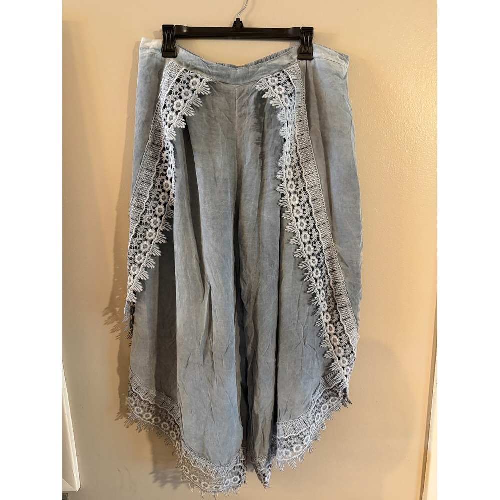 Simply XXL Blue Gray Boho Lace Trim Tulip Hem Wide Leg Harem Pants